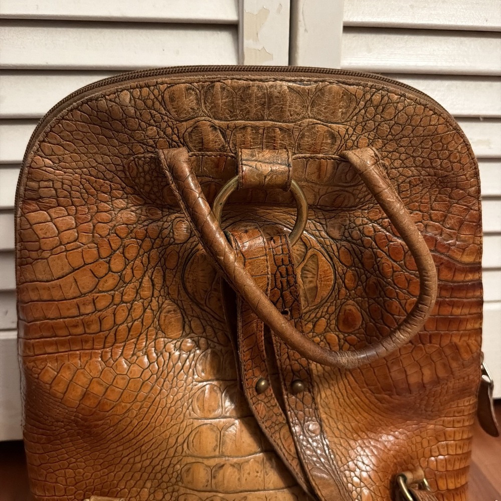 Brahmin Leather Croc Embossed Backpack Clutch Medium Brown Gold Feet - Picture 5 of 16